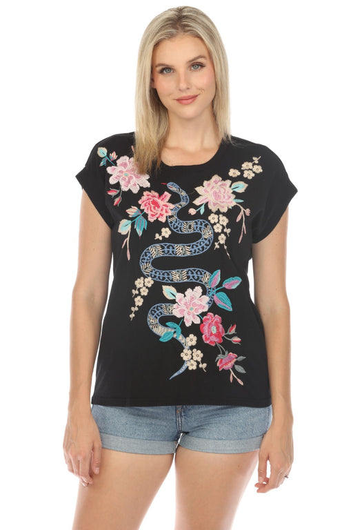 Johnny Was JWLA Style J15024 Black Edie Relaxed Embroidered Tee Boho Chic