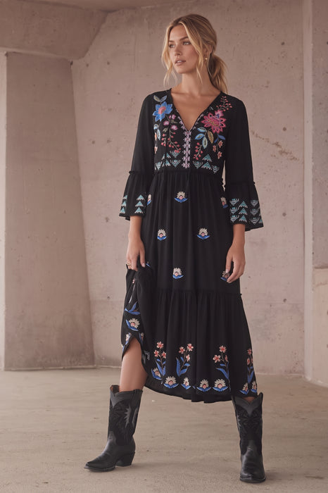 Johnny Was JWLA Black Griffin Ruffle Tiered Knit Long Sleeve Dress J39123-7