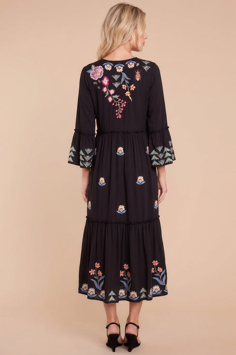 Johnny Was JWLA Black Griffin Ruffle Tiered Knit Long Sleeve Dress J39123-7