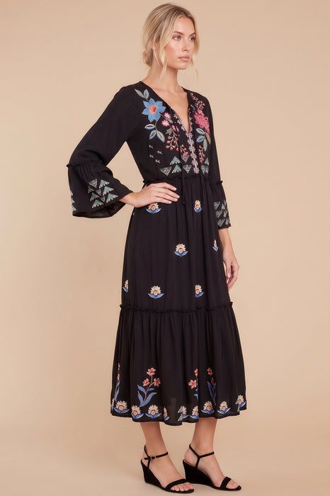 Johnny Was JWLA Black Griffin Ruffle Tiered Knit Long Sleeve Dress J39123-7