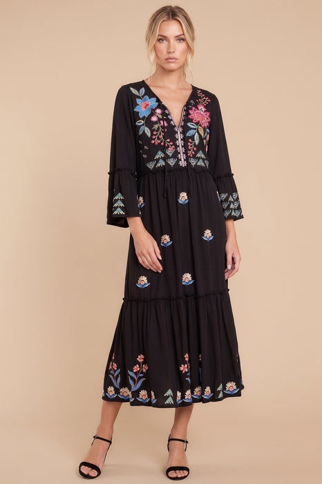 Johnny Was JWLA Black Griffin Ruffle Tiered Knit Long Sleeve Dress J39123-7