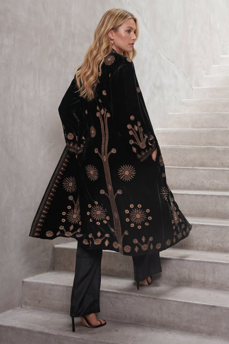 Johnny Was JWLA Black Heidi Velvet Embroidered Long Kimono Coat J49323-O