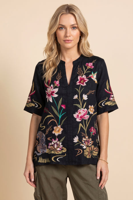 Johnny Was JWLA Black Linen Maisie Easy V-Neck Top J15823-1