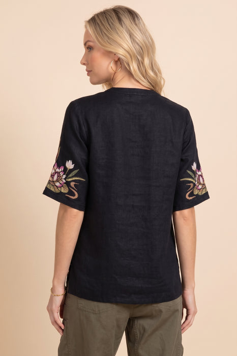 Johnny Was JWLA Black Linen Maisie Easy V-Neck Top J15823-1