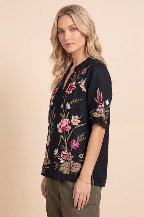 Johnny Was JWLA Black Linen Maisie Easy V-Neck Top J15823-1