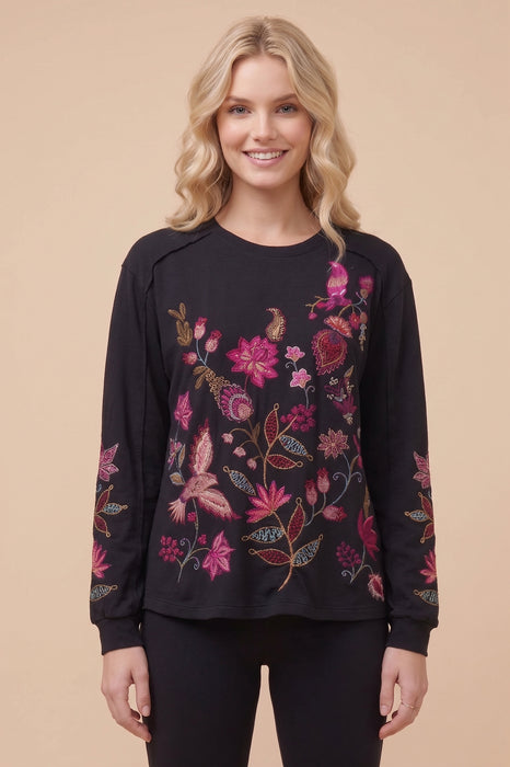 Johnny Was JWLA Black Long Sleeve Embroidered T Shirt J17025-0