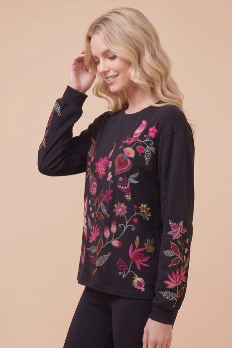 Johnny Was JWLA Black Long Sleeve Embroidered T Shirt J17025-0