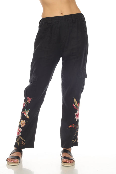 Johnny Was JWLA Style J66223 Black Maisie Linen Embroidered Cargo Pants Boho Chic