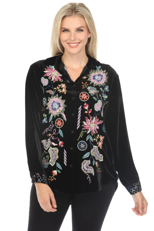 Johnny Was JWLA Style J10523 Black Pacifica Velvet Embroidered Oversized Shirt