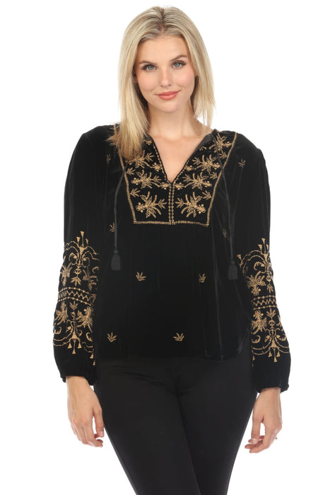 Johnny Was JWLA Style J10323 Black Palmira Velvet Embroidered Curved Hem Prairie Blouse