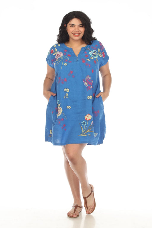 Johnny Was JWLA Style J38223 Blue Jessi Button Front Linen Embroidered Dress Plus Size