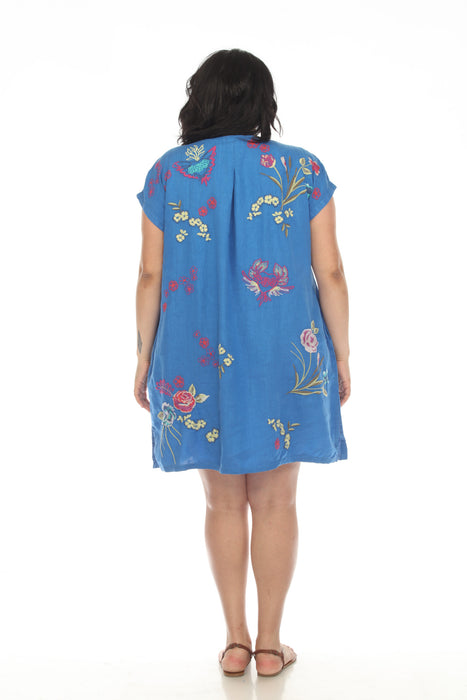 Johnny Was JWLA Blue Jessi Button Front Linen Embroidered Dress Plus Size J38223