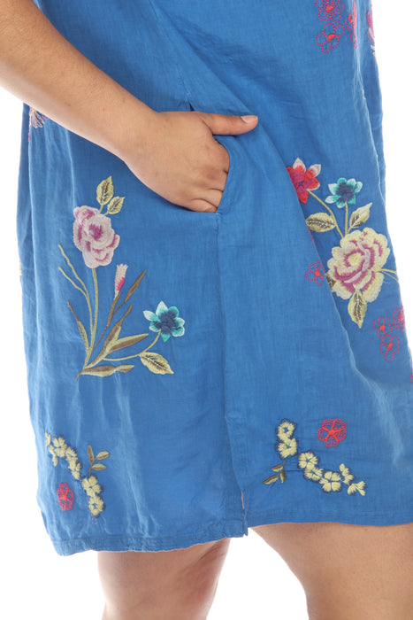 Johnny Was JWLA Blue Jessi Button Front Linen Embroidered Dress Plus Size J38223