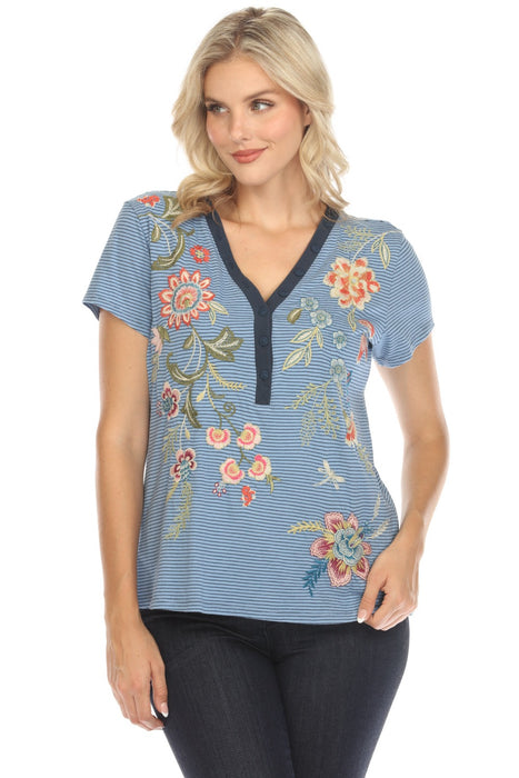 Johnny Was JWLA Style J18124 Blue Stripe Embroidered Julianna Button Neck Knit Tee Boho Chic