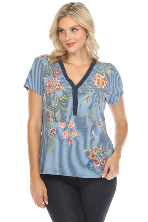Johnny Was JWLA Style J18124 Blue Stripe Embroidered Julianna Button Neck Knit Tee Boho Chic