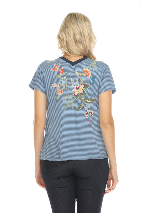 Johnny Was JWLA Blue Stripe Julianna Button Neck Knit Tee J18124 Boho Chic