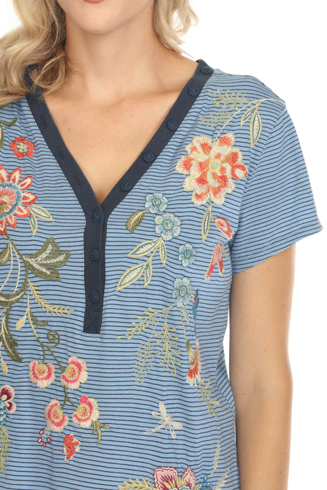 Johnny Was JWLA Blue Stripe Julianna Button Neck Knit Tee J18124 Boho Chic