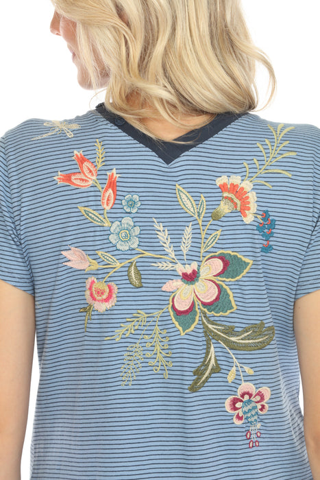 Johnny Was JWLA Blue Stripe Julianna Button Neck Knit Tee J18124 Boho Chic