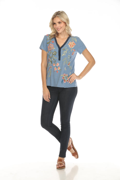 Johnny Was JWLA Blue Stripe Julianna Button Neck Knit Tee J18124 Boho Chic