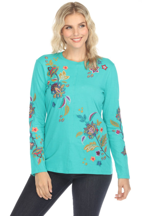 Johnny Was JWLA Style J10124 Bondi Teal Ethal Raw Seam Crew Neck Tee