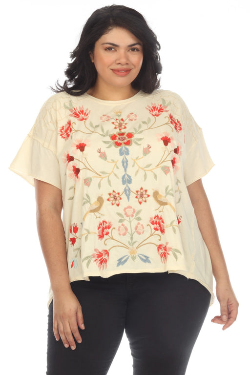 Johnny Was JWLA Style J19423-6X Brie Clara Raw Detail Embroidered Swing Tee Plus Size