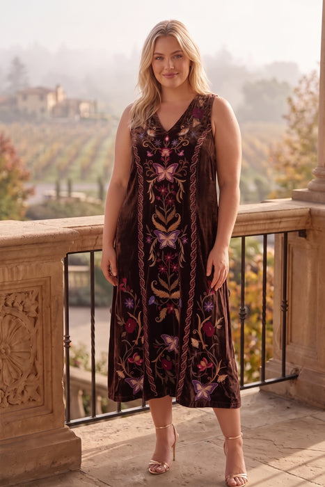Johnny Was JWLA Brown Carminia Velvet V-Neck Tank Dress Plus Size J30225-OX