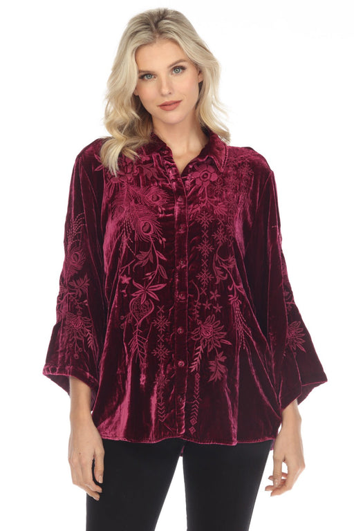 Johnny Was JWLA Style J14022 Burgundy Azure Velvet Embroidered Kimono Sleeve Shirt Chic