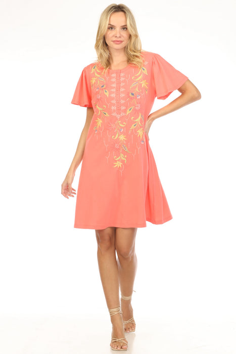 Woman wearing a coral embroidered dress with henley and flutter sleeves from Johnny Was