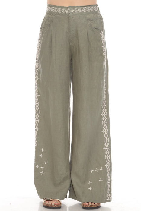 Johnny Was JWLA Style J62025-1 Green Embroidered Catia Wide Leg Pants