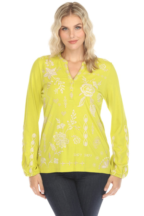 Johnny Was JWLA Style J19824-E Citronelle Bishop Sleeve Henley Embroidered Tee