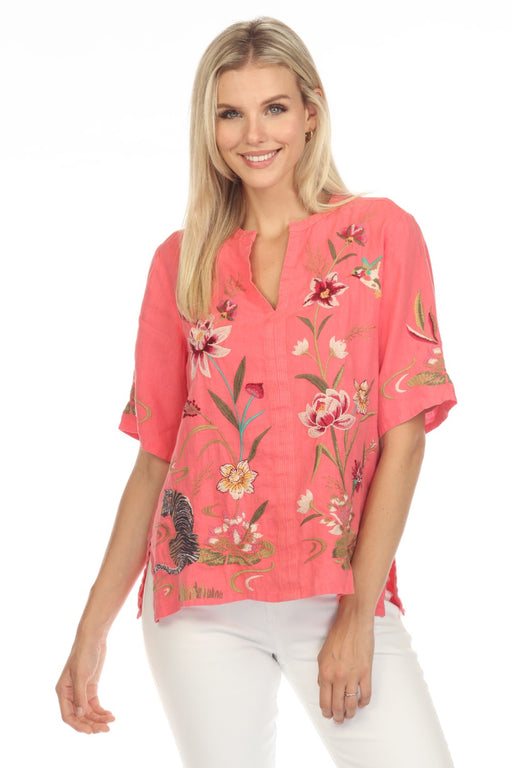 Johnny Was JWLA Style J15823 Coral Pink Maisie Embroidered Easy V-Neck Top Boho Chic