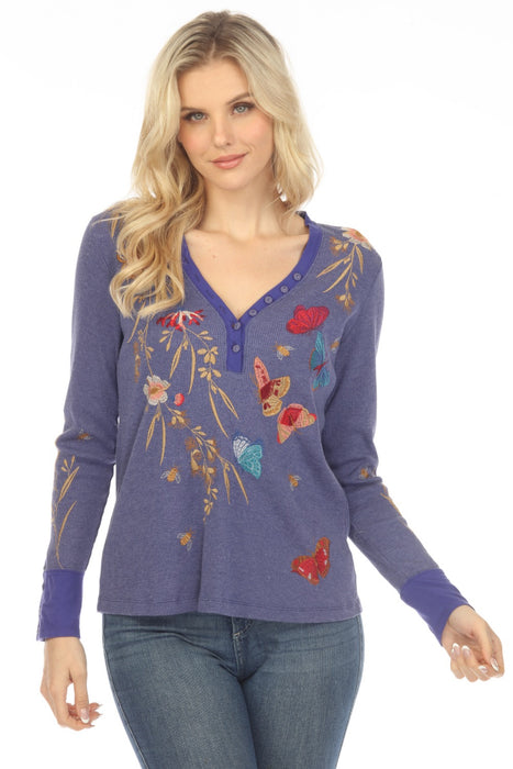 Johnny Was JWLA Aria Embroidered V-Neck Henley Thermal Top Boho Chic J —  AfterRetail