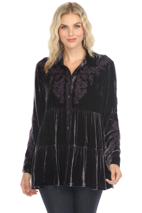 Johnny Was JWLA Style J27124 Deep Purple Lenon Velvet Tiered Tunic Top