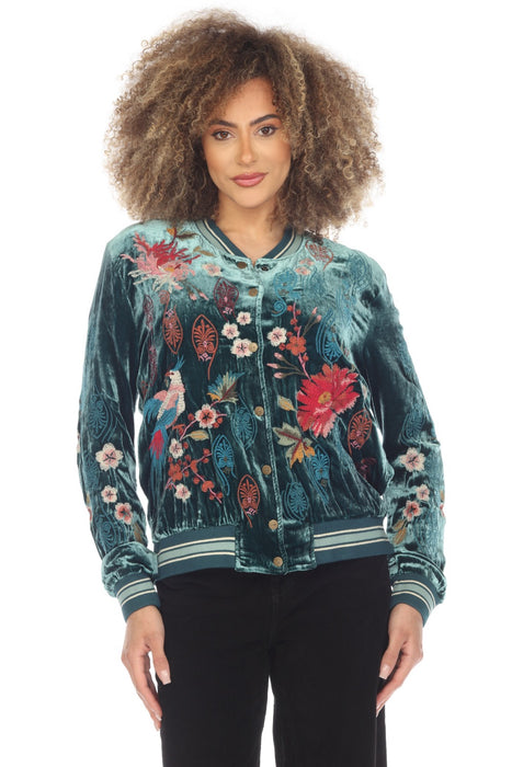 Johnny Was JWLA Style J48623 Deep Teal Ashira Velvet Embroidered Snap Front Bomber Jacket Boho Chic