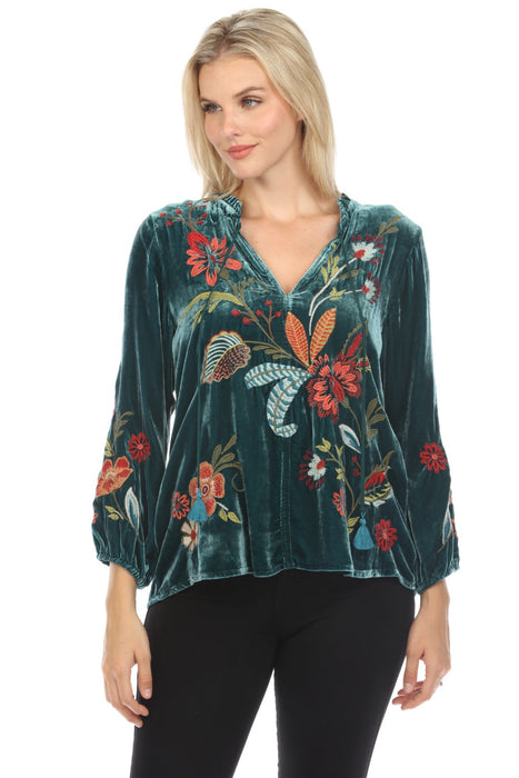 Johnny Was JWLA Style J10923 Deep Teal Isabella Velvet Embroidered Field Blouse Boho Chic