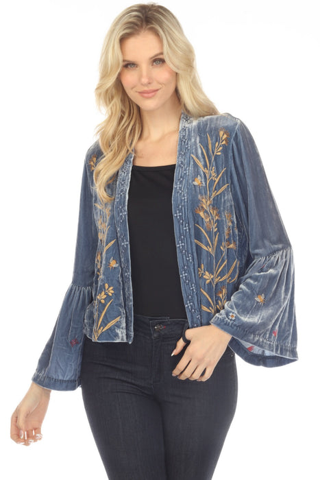 Johnny Was JWLA Style J48323 Denim Blue Aria Ruffle Sleeve Velvet Bolero Jacket Boho Chic