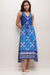 Woman wearing a blue linen midi tank dress with tile-like pattern