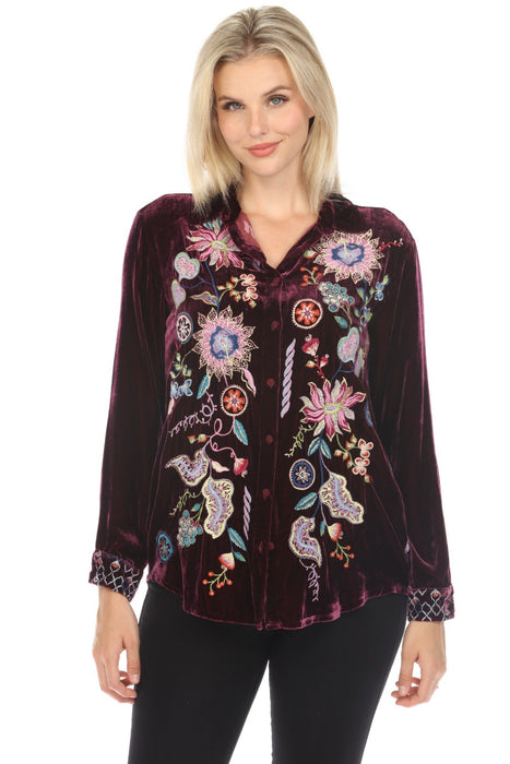 Johnny Was JWLA Style J10523 Eggplant Pacifica Velvet Embroidered Oversized Shirt