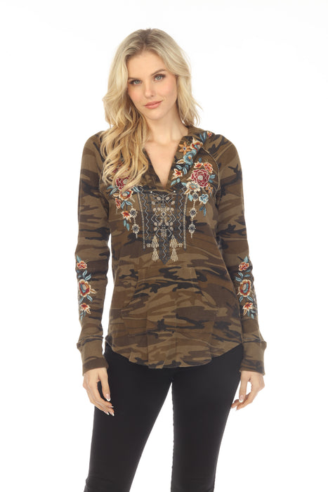 Johnny Was Women's Camo Thermal Top With Embroidery 