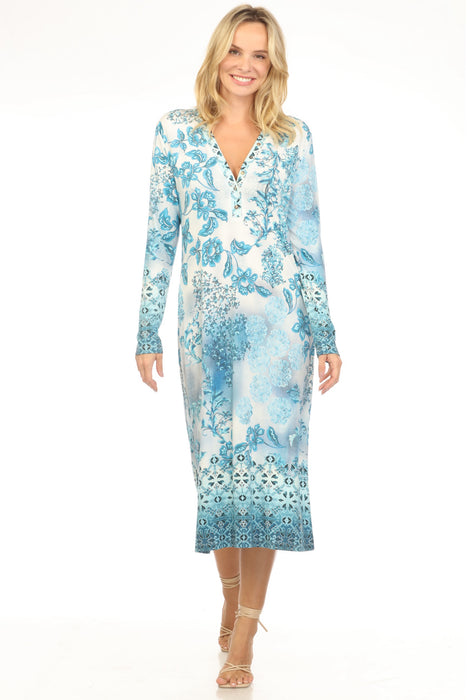 Woman wearing a blue floral midi dress with button v-neck and long sleeves from Johnny Was