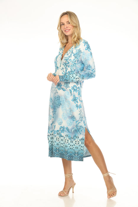 Johnny Was JWLA Blue Floral Button Neck Midi Dress T30325-E