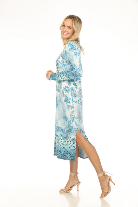 Johnny Was JWLA Blue Floral Button Neck Midi Dress T30325-E