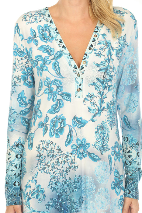 Johnny Was JWLA Blue Floral Button Neck Midi Dress T30325-E