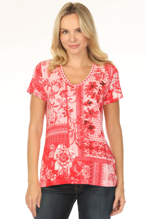 Woman wearing a red floral patterned t-shirt with short sleeves and v-neck from Johnny Was