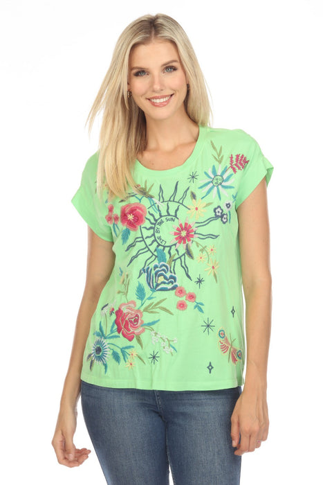 Johnny Was JWLA Style J16923 Green Arla Embroidered Relaxed Tee Boho Chic