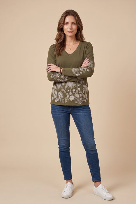Johnny Was JWLA Green Riley V-Neck Slit Sleeve Tee J18025-E
