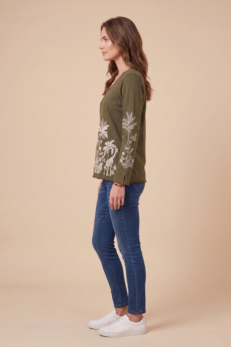 Johnny Was JWLA Green Riley V-Neck Slit Sleeve Tee J18025-E