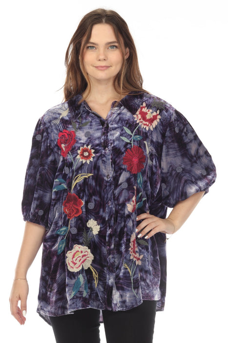 Johnny Was JWLA Style J14122-9X Junia Velvet Lisbon Embroidered Shirt Plus Size