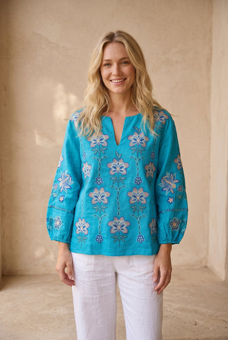 Johnny Was JWLA  Blue Boheme Split V-Neck Linen Blouse J11226-3