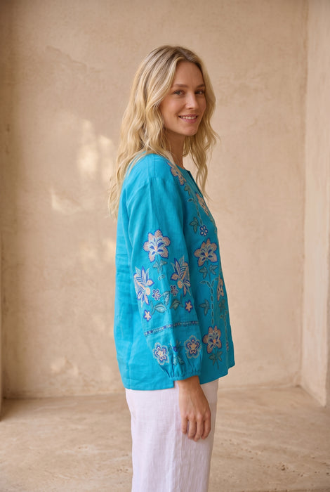 Johnny Was JWLA  Blue Boheme Split V-Neck Linen Blouse J11226-3